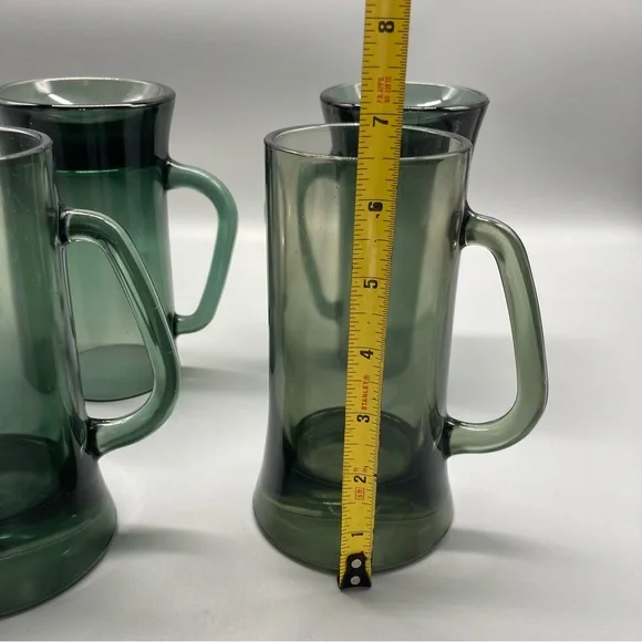 Mid Century Modern Glass set of 4 Beer Mug - Smoked Green Colored Barware EVC - Picture 6 of 6